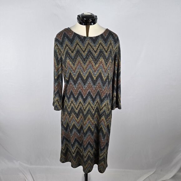 Tacera Knit Dress Women's XL Multi-Color Long Sleeve Round Neck Chevron Pattern - Picture 1 of 12